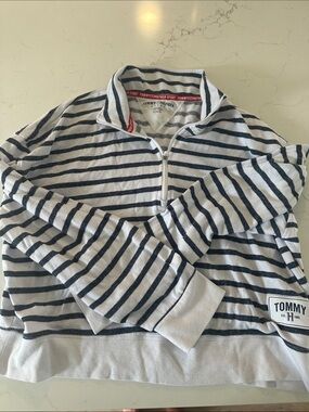 Tommy Hilfiger Navy & White Striped Quarter-Zip Pullover